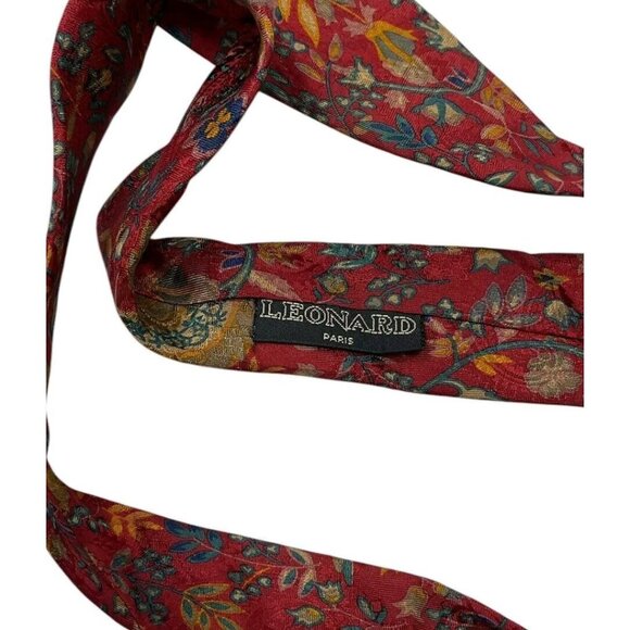 LEONARD Men's 100% Silk Necktie LUXURY Tie Red Floral Leaf W:3.8" EUC - Picture 4 of 5